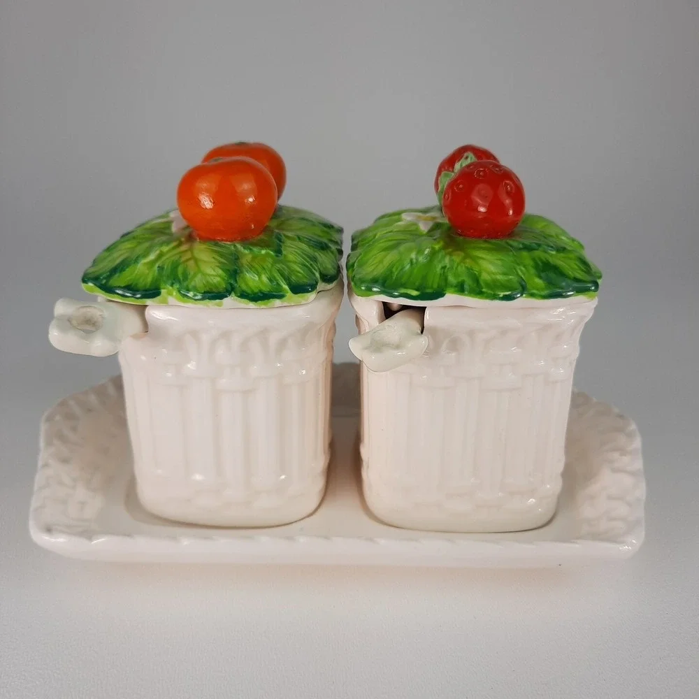 Strawberry & Orange Marmalade Ceramic Jelly Jam Jar Set w/ Spoons Mann Vintage